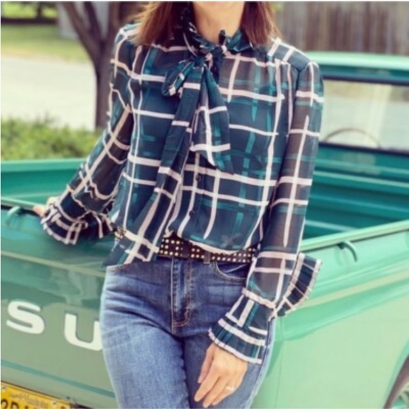 CAbi Teal and Pink Plaid Blouse with Tie Neck and Ruffles - Picture 3 of 7